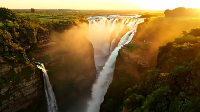Aerial journey over diverse landscapes: waterfalls, mountains, and sunlit horizons