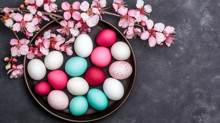 Obraz premium Colorful Easter Eggs Arranged on Plate with Pink Cherry Blossoms on Dark Textured Surface.