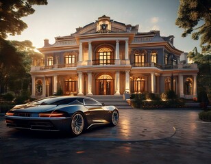 Opulent Mansion with Expensive Sports Car Generated image