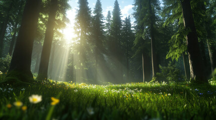 Obraz premium Bright spring woodland, fresh leaves, sunrays through tall trunks, wildflowers carpeting the forest floor