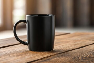 Black Ceramic Coffee Mug on Wooden Table