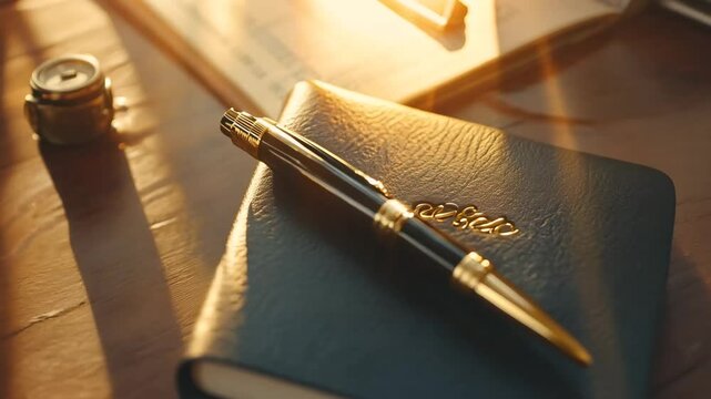 A sophisticated black and gold fountain pen rests on a navy blue leather-bound notebook, set on a polished wooden desk. The warm lighting and classic decor create an atmosphere of elegance