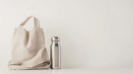 A minimalist eco-friendly setup featuring a neatly folded beige cloth bag and a sleek stainless steel water bottle on a clean white background