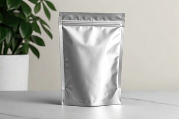 Silver Foil Pouch Standing on White Table
