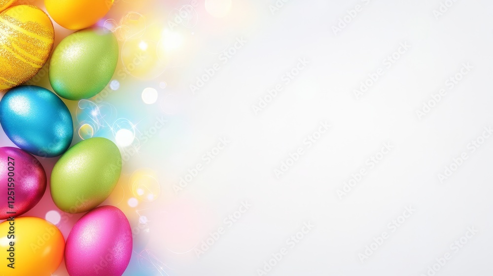 Poster colorful easter eggs assorted in a line with a bokeh effect on a white background.