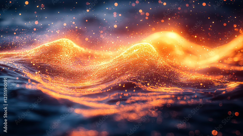 Poster the image is a computer generated scene of a body of water with a lot of sparkles and fire. scene is