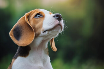 Beagle puppy with big floppy ears gazes curiously towards the sky in a serene outdoor setting filled with greenery and soft lighting