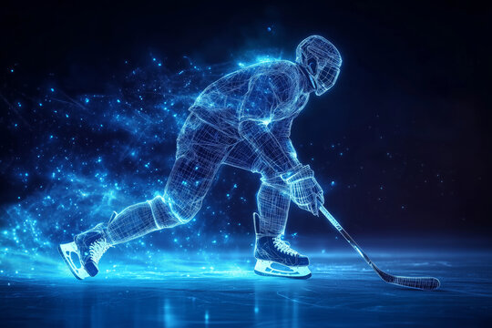 Dynamic digital wireframe representation of a hockey player in motion