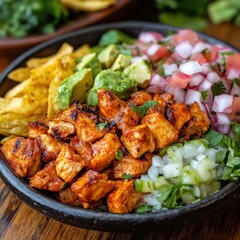Fototapeta premium Delicious grilled chicken dish served with fresh vegetables, guacamole, and crispy tortilla chips in vibrant setting. Generative AI