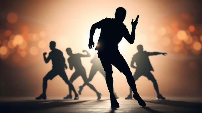 Silhouette of popular boys band dancing on stage. Five young singers performing live on concert