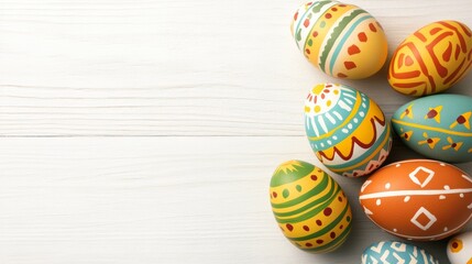 Fototapeta premium Colorful Easter Eggs Decorating a White Wooden Background Overhead Shot.