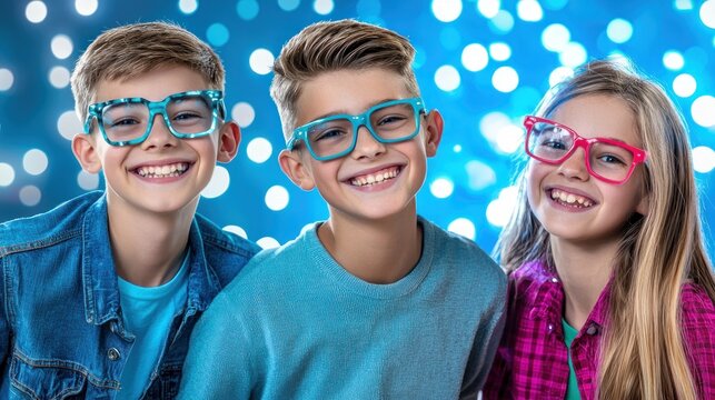 Children with colorful glasses, smiling, festive background, for social media