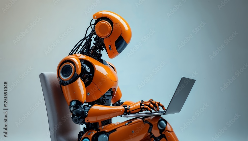 Poster robot typing on laptop technology concept future of automation in business