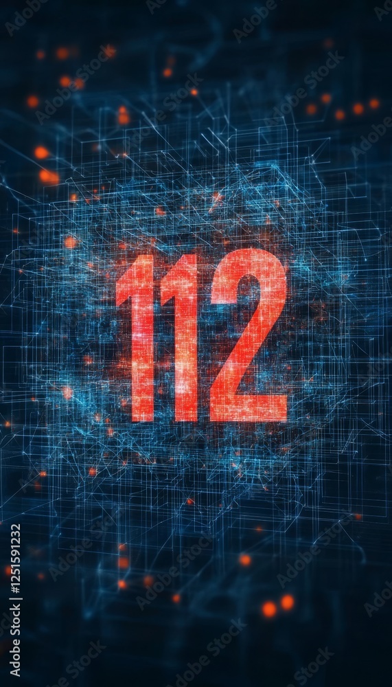 Poster glowing digital emergency number 112 in futuristic style, abstract technology background with grid