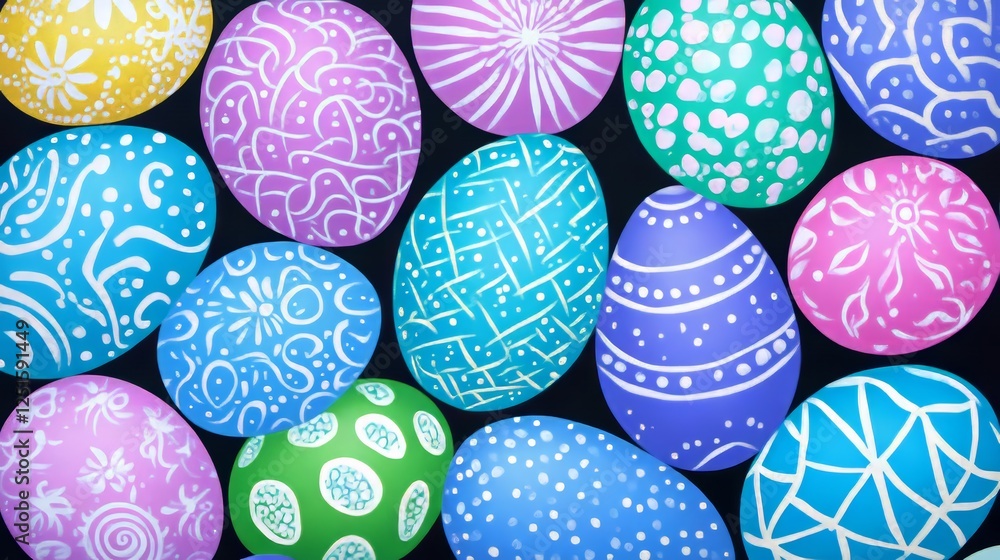 Poster colorful easter eggs displayed patterned design in various colors close up view on a black surface.