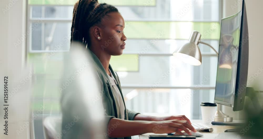 Poster writing, business and black woman in office with computer, book and notes for planning, admin and re