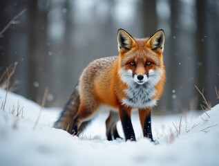 Red fox standing in snowy forest during snowfall