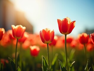 Fototapeta premium Vibrant tulip field under clear blue sky
