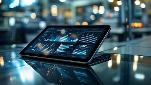 Digital tablet displaying key performance indicators and data charts resting on a reflective surface in a modern industrial factory, highlighting advanced monitoring systems