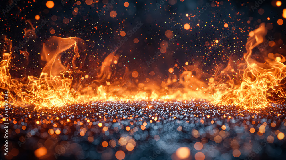 Poster black background with a large amount of glitter and fire. the fire is orange and he is coming from t