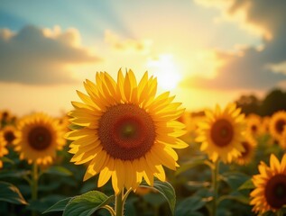 Fototapeta premium Bright sunflower blooming in field at sunset during summer