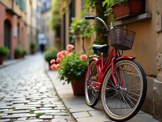 Red vintage bicycle leaning against cobblestone wall in charming european town