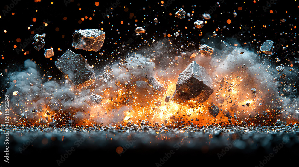 Poster large explosion of rocks and debris is depicted in the image. the scene is chaotic and violent, with