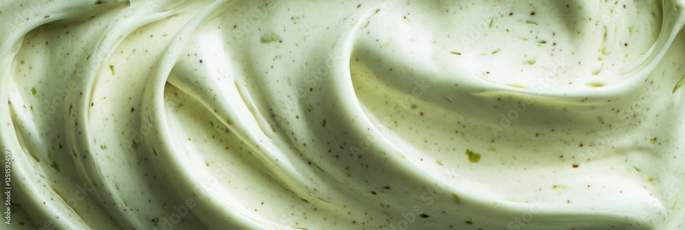 Poster creamy green dessert topping is swirled in a smooth texture with flecks of flavor visible throughout