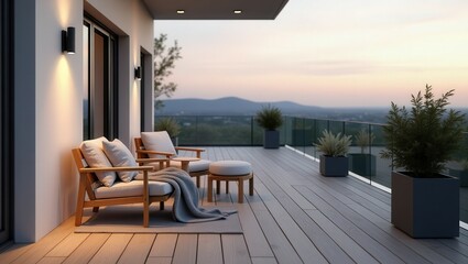 Fototapeta premium A Scandinavian modern terrace at dusk features wooden furniture with white cushions, rug, potted plants, and ambient lighting from candles in lanterns. The terrace overlooks a scenic, hilly landscape