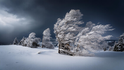 wind swept trees on snowy landscape in dark sky