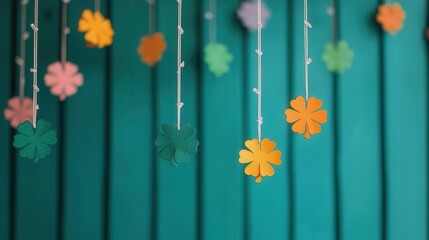 A festive ceiling decorated with hanging shamrock garlands and a rainbowinspired light fixture to brighten the room with holiday cheer