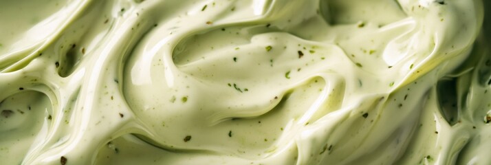 Smooth green sauce with herbs displayed on a surface, showcasing its creamy texture and rich color. Generative AI