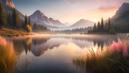 Fototapeta premium このデジタルグラフィックリソースは、夕暮れ時の美しい山岳風景を描いています。穏やかな湖が壮大な山々とピンクやゴールドに染まる空を映し出し、薄い霧が幻想的で落ち着いた雰囲気を作り出しています。デザインプロジェクト、ファンタジーイラスト、エレガントなブランディング、感動的な自然の風景に最適です。