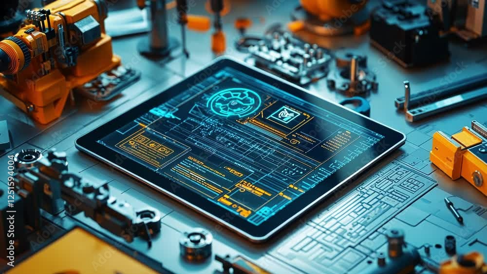 Poster futuristic tablet displaying a holographic interface with engineering components and blueprints spre
