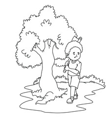 Cute cartoon hand drawn vector boy cutting tree coloring page.
