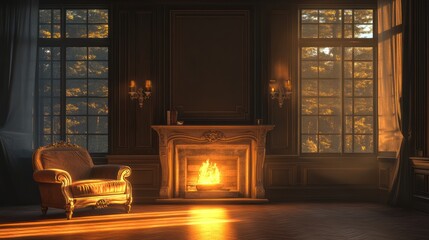 Fototapeta premium Cozy autumnal fireplace armchair sunset room interior