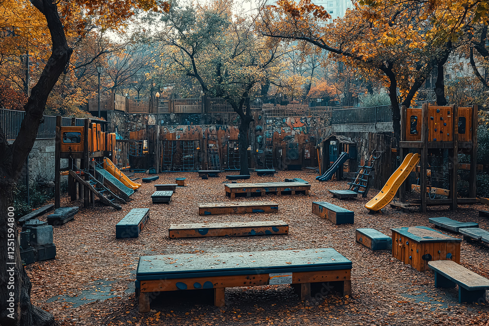 Poster playground with a lot of benches and a tree. the playground is empty and the leaves are on the groun