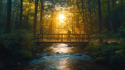 Obraz premium Person walking on a bridge over a river in forest with sunlight for nature ads