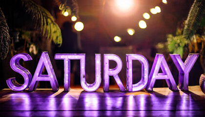 purple letters with lights spelling saturday on a table