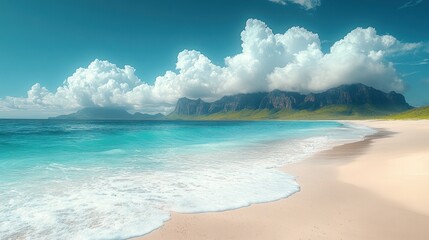 Fototapeta premium Tropical beach, waves, mountains, sky, summer vacation