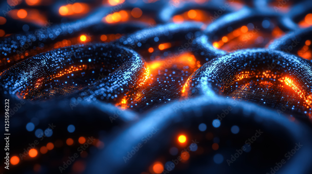 Poster computer generated image of a city with orange and blue lights. the image is abstract and has a futu