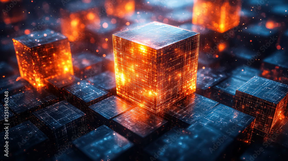 Poster close up of a bunch of cubes with one of them lit up. the cubes are all black and the lit up cube is