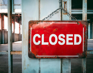 red old closed sign hanging on door of abandoned factory closed business shutdown of industrial plant economic crisis and job loss