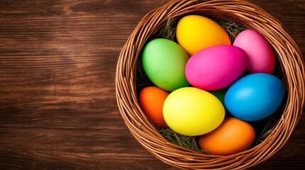 Naklejka premium Colorful Easter Eggs In Woven Basket On Wooden Table Top View Still Life Arrangement.