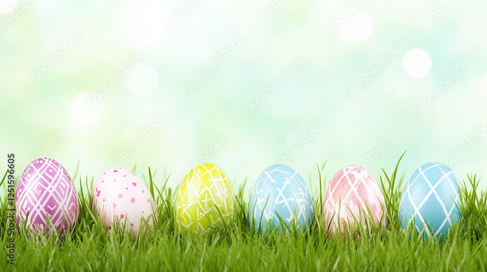 Poster colorful easter eggs laid neatly on grass with abstract background and bright bokeh effect.