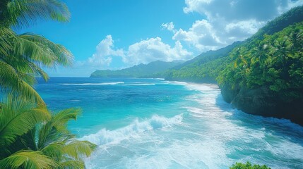 Fototapeta premium Tropical coast, waves crashing, palm trees, sunny sky, travel poster