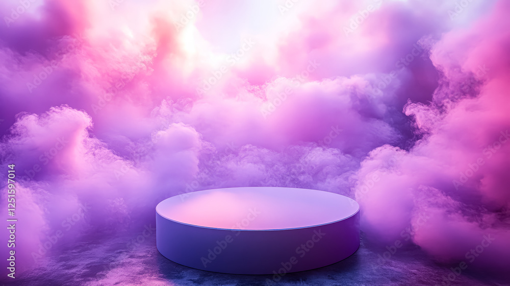 Poster white cube is in the middle of a purple cloud. the cloud is full of smoke and the cube is surrounded
