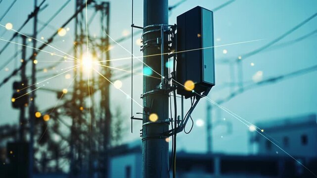 Small cell 5g network base station securely mounted on a pole, delivering high speed mobile wireless communication in a bustling urban environment