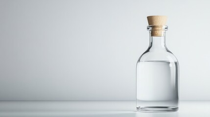 Clear Glass Bottle with Cork Top and Water Reflecting Soft Light on Minimalist Background