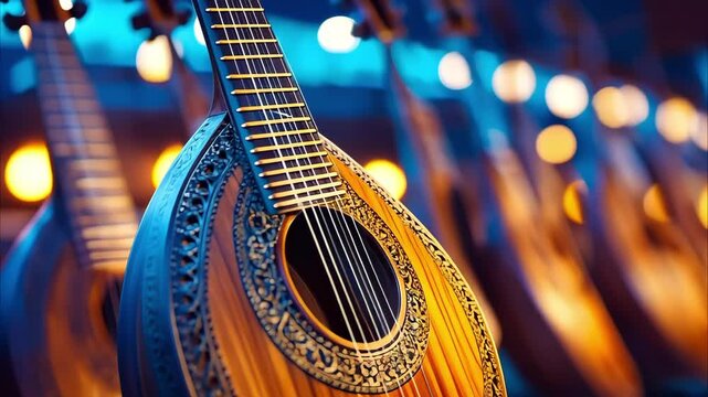 A collection of beautifully crafted string instruments with intricate designs displayed in warm lighting.